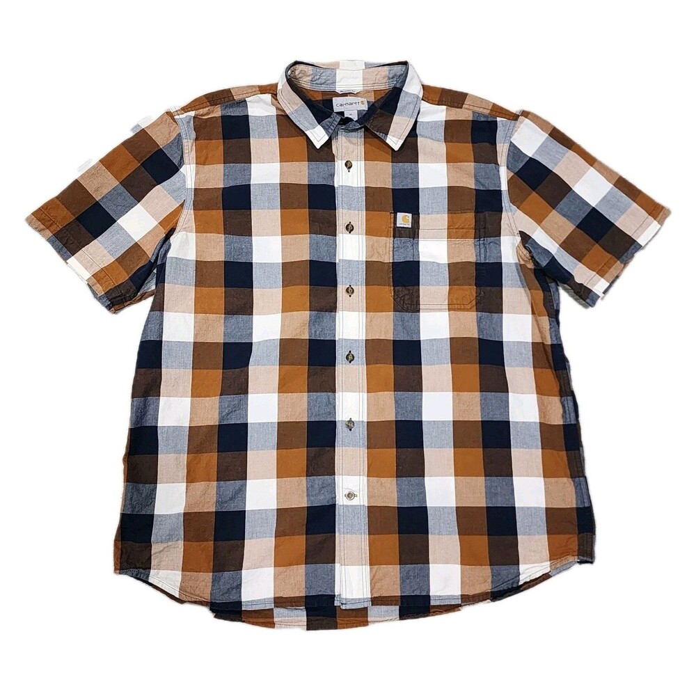 Carhartt Short Sleeve Button-Down Plaid Shirt - Brown, Navy, White